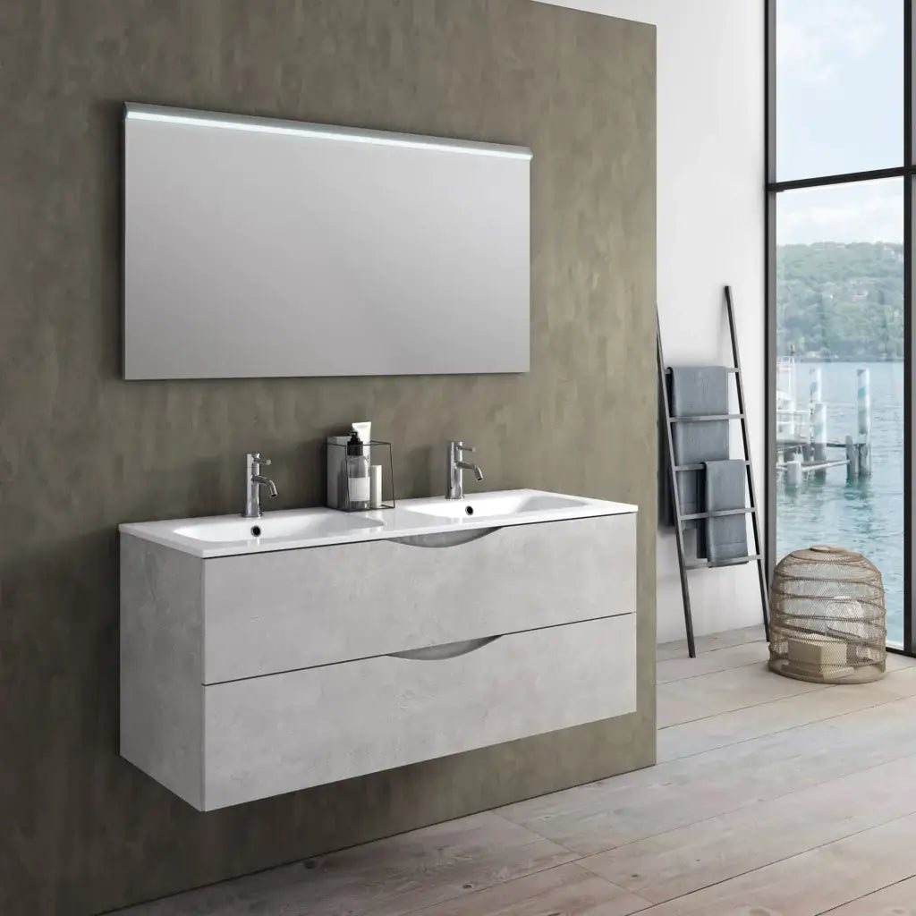 Mobile Bagno Sospeso 120cm Effetto Pietra Con Doppio Lavabo - Bianco Effetto Pietra