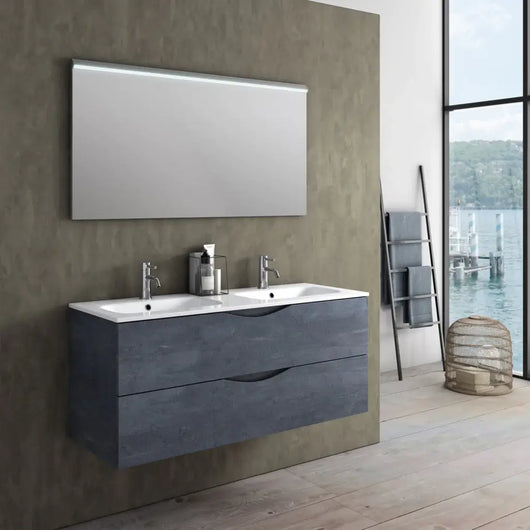 Mobile Bagno Sospeso 120cm Effetto Pietra Con Doppio Lavabo - Blu Effetto Pietra