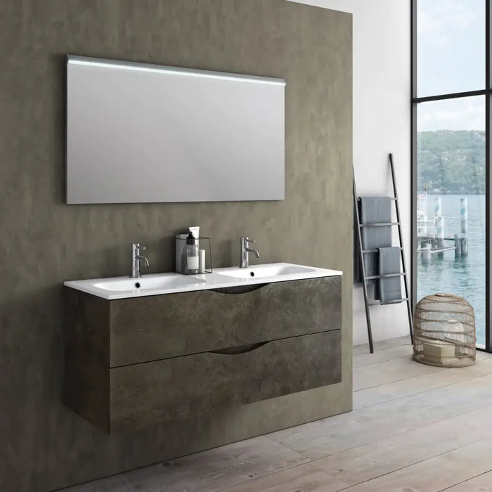 Mobile Bagno Sospeso 120cm Effetto Pietra Con Doppio Lavabo - Marrone Effetto Pietra