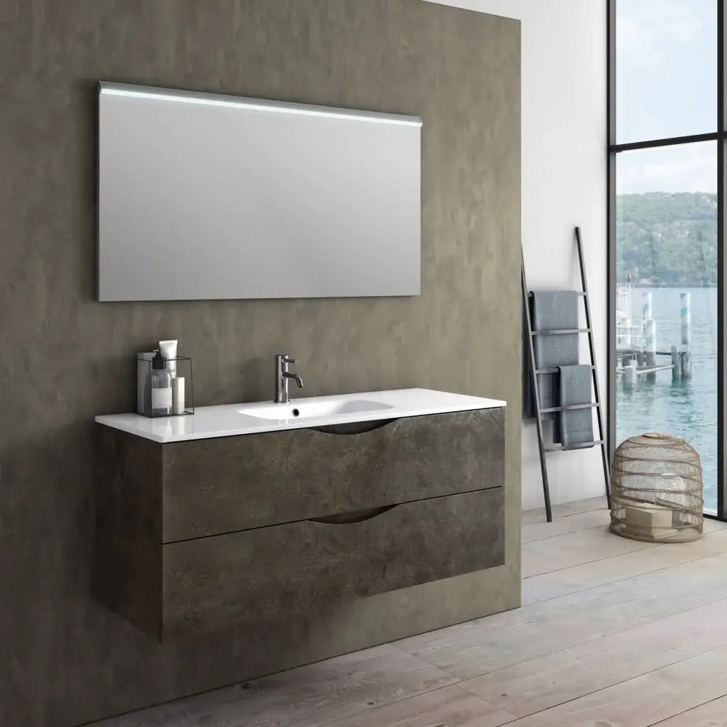 Mobile Bagno 120 cm Composizione Sospesa Effetto Pietra - Marrone Effetto Pietra