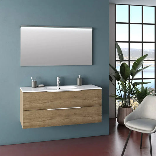 Composizione Bagno 120cm Sospesa Con Due Cassetti E Specchio Con Led Integrato - Rovere Miele