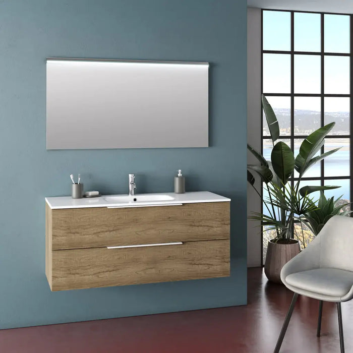Composizione Bagno 120cm Sospesa Con Due Cassetti E Specchio Con Led Integrato - Rovere Miele