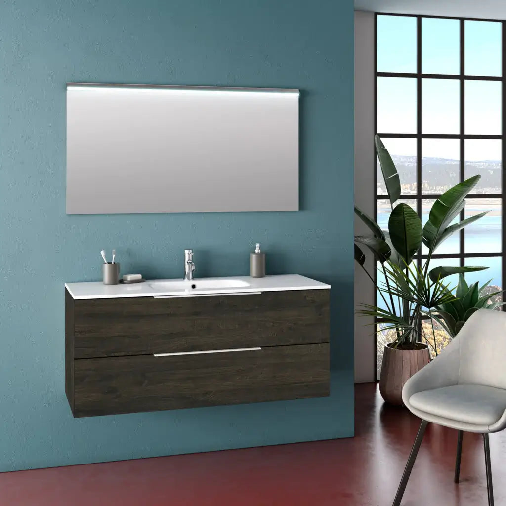 Composizione Bagno 120cm Sospesa Con Due Cassetti E Specchio Con Led Integrato - Testa di Moro