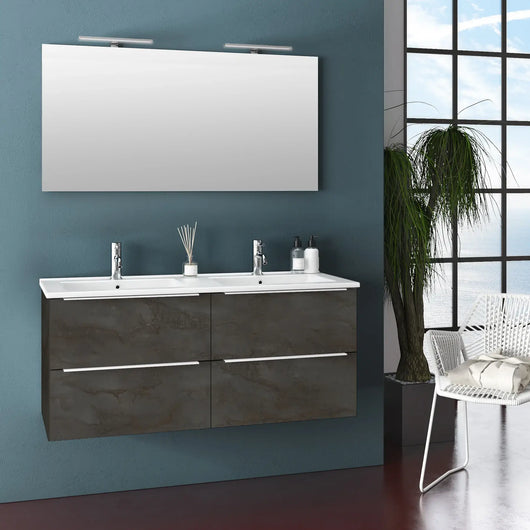 Mobile Bagno 120cm Sospeso Con Quattro Cassetti Lavabo Doppia Vasca Specchio E Doppia Lampada - Ossido