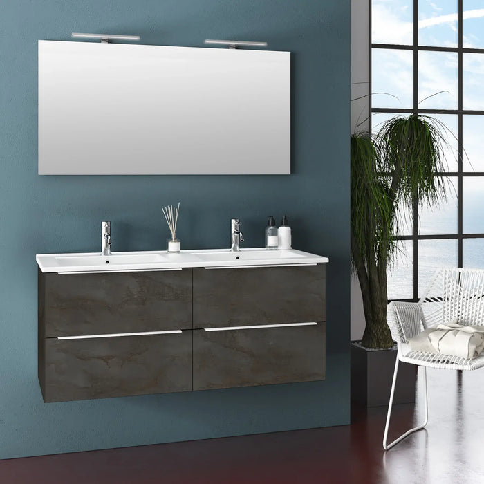 Mobile Bagno 120cm Sospeso Con Quattro Cassetti Lavabo Doppia Vasca Specchio E Doppia Lampada - Ossido