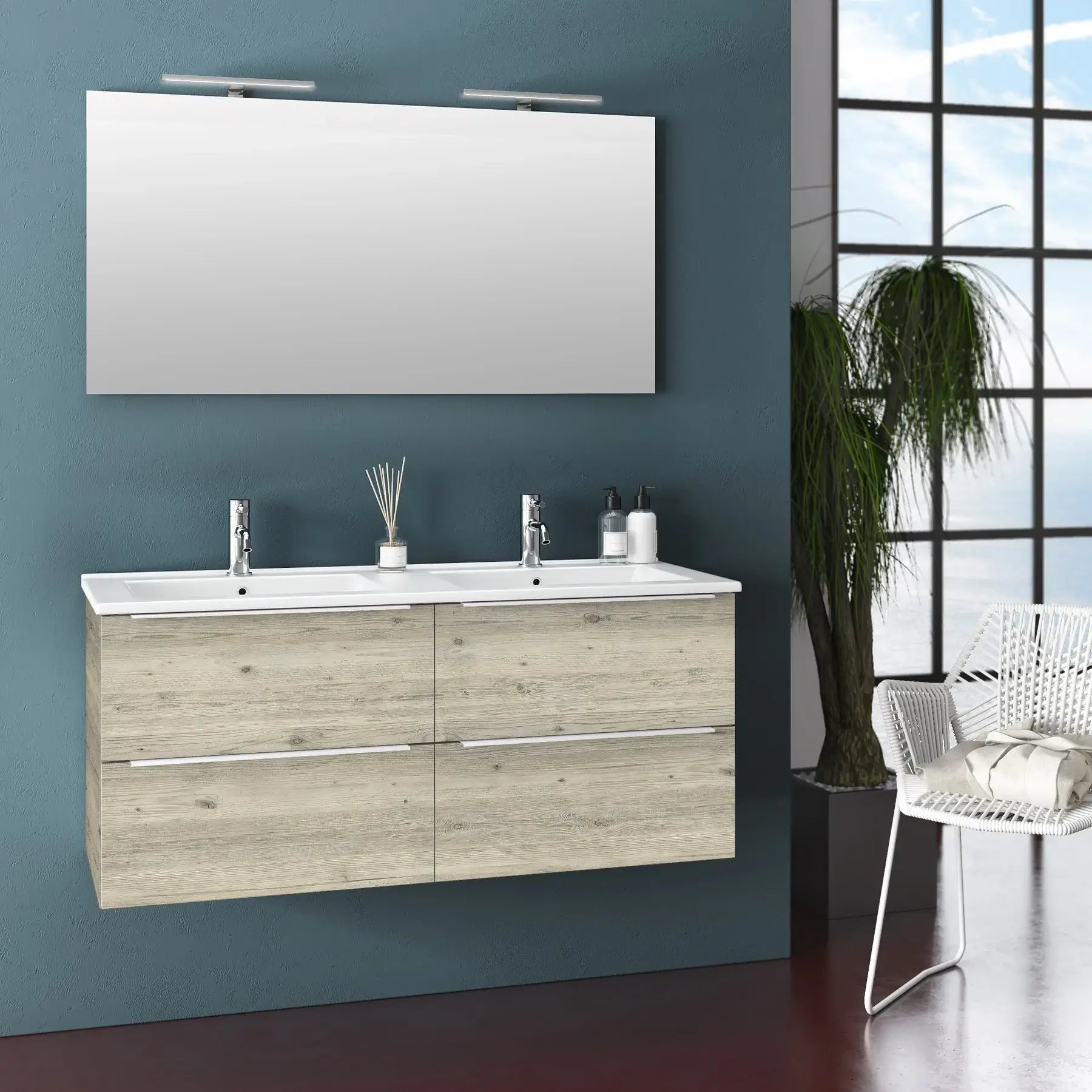 Mobile Bagno 120cm Sospeso Con Quattro Cassetti Lavabo Doppia Vasca Specchio E Doppia Lampada - Pino Artico
