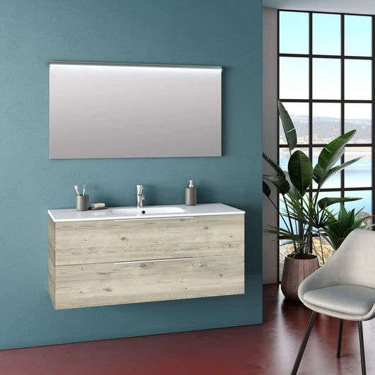 Composizione Bagno 120cm Sospesa Con Due Cassetti E Specchio Con Led Integrato - Pino Artico