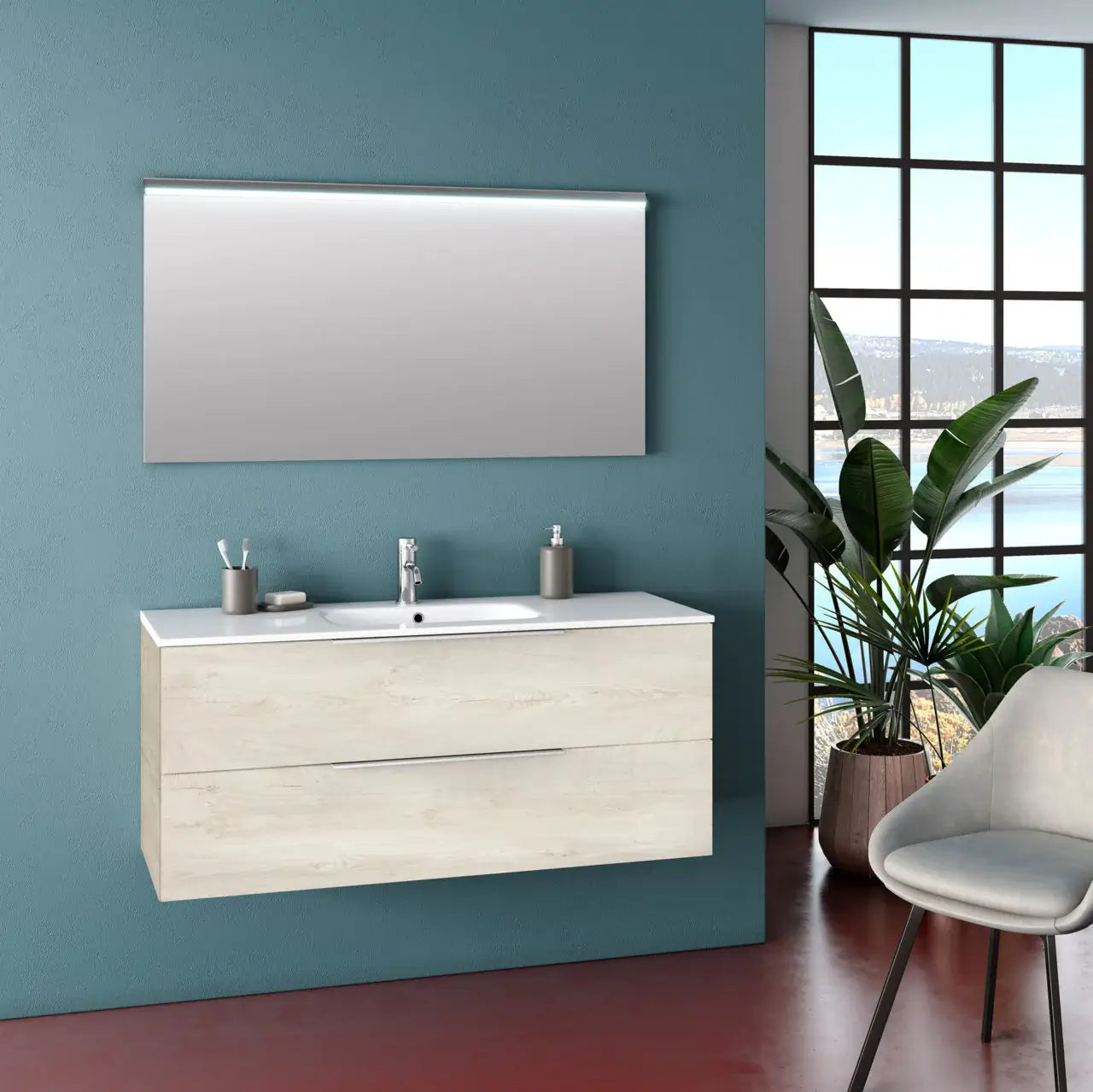 Composizione Bagno 120cm Sospesa Con Due Cassetti E Specchio Con Led Integrato - Rovere Alaska