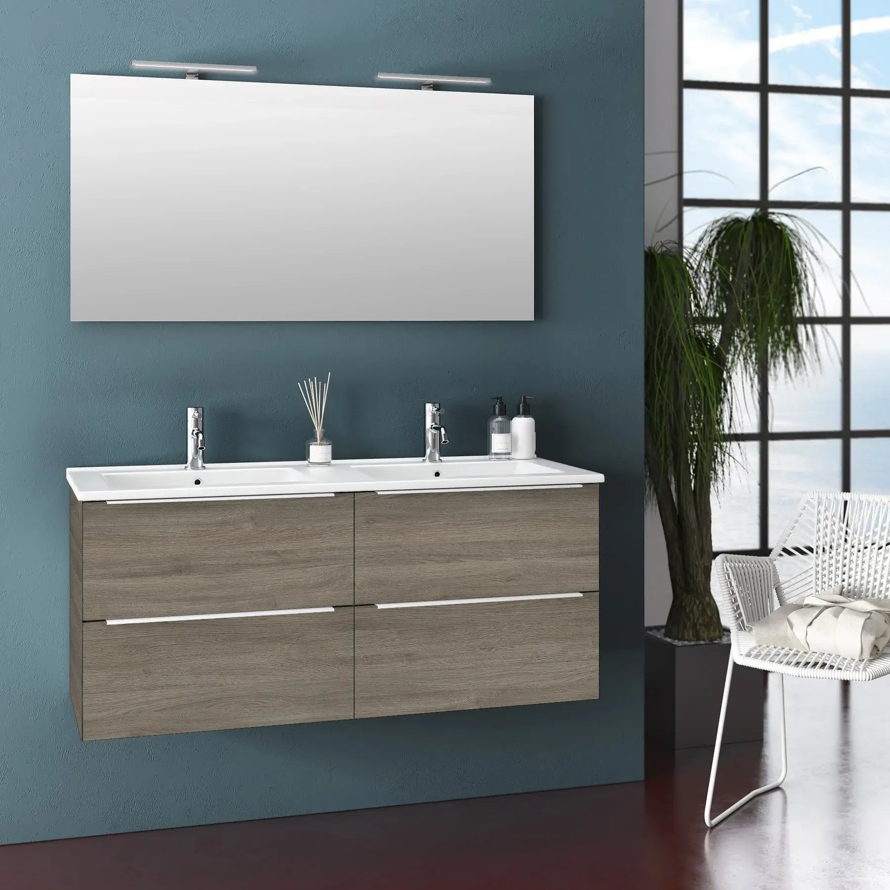 Mobile Bagno 120cm Sospeso Con Quattro Cassetti Lavabo Doppia Vasca Specchio E Doppia Lampada - Rovere Cenere