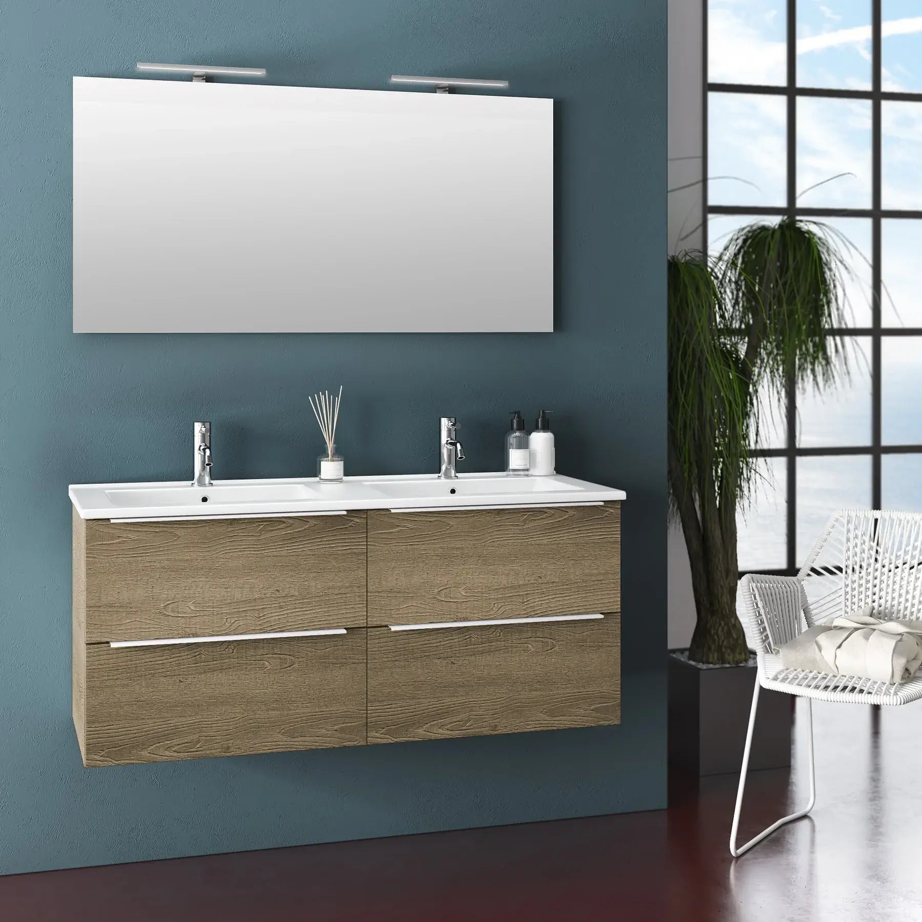 Mobile Bagno 120cm Sospeso Con Quattro Cassetti Lavabo Doppia Vasca Specchio E Doppia Lampada - Rovere Miele