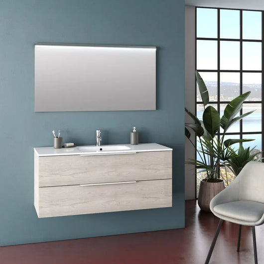 Composizione Bagno 120cm Sospesa Con Due Cassetti E Specchio Con Led Integrato - Rovere Naturale