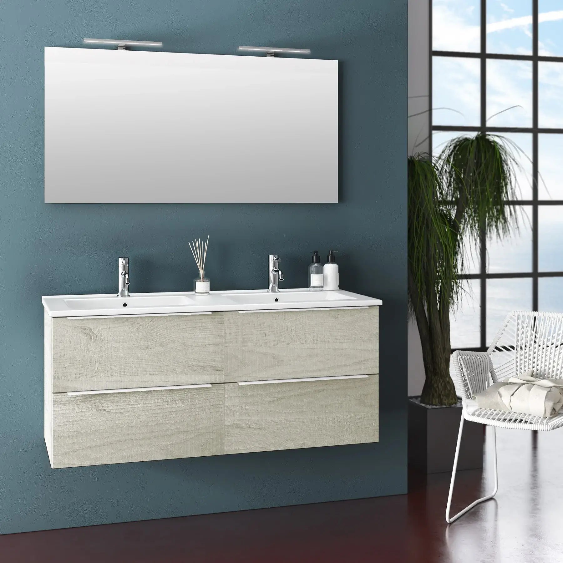 Mobile Bagno 120cm Sospeso Con Quattro Cassetti Lavabo Doppia Vasca Specchio E Doppia Lampada - Sherwood