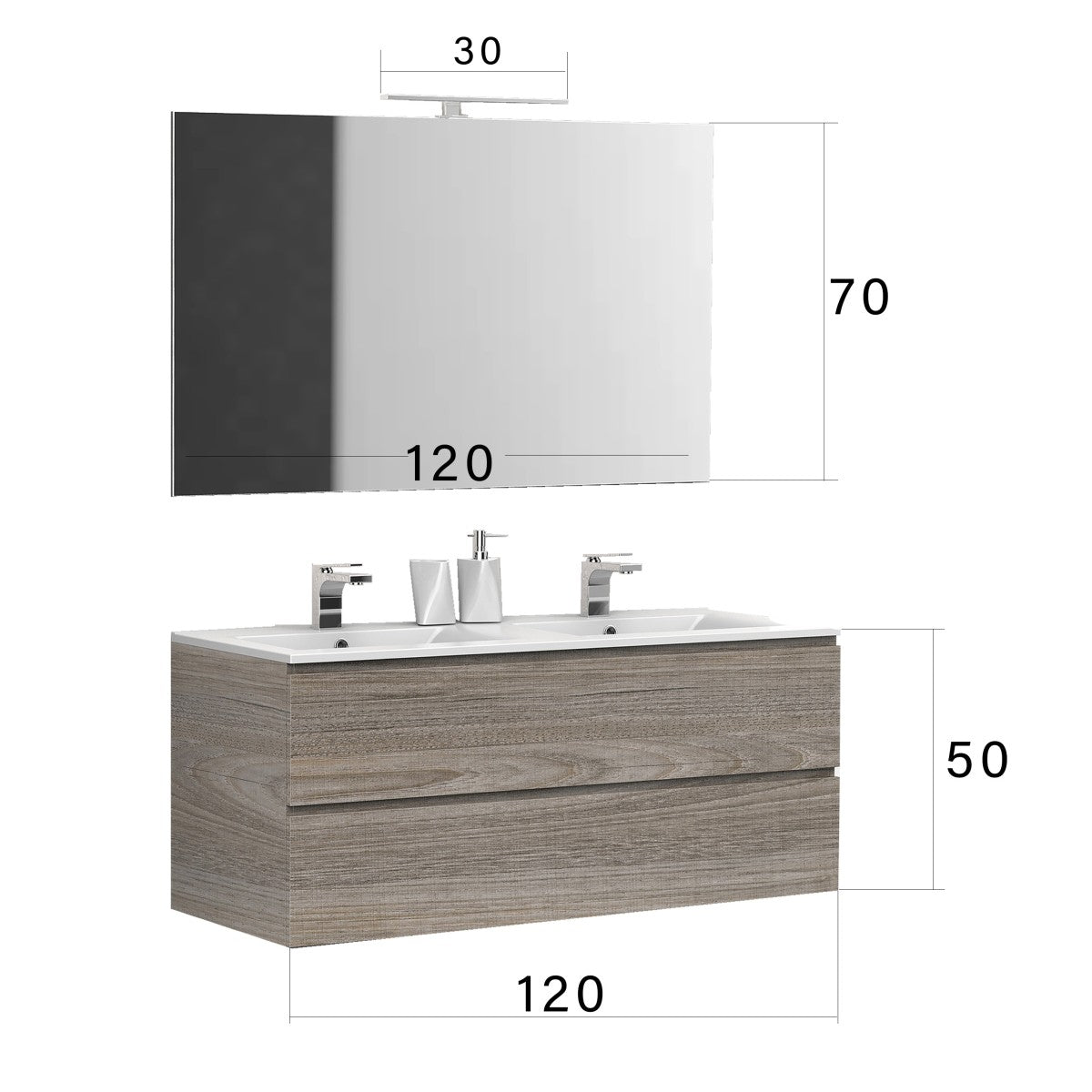 Mobile bagno 120cm sospeso con doppio lavabo legno rovere