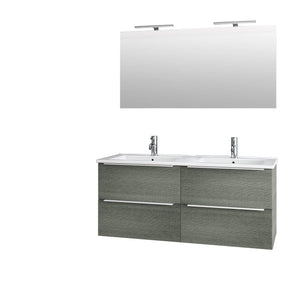 Mobile Bagno 120cm Sospeso Con Quattro Cassetti Lavabo Doppia Vasca Specchio E Doppia Lampada - Grigio