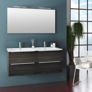 Mobile Bagno 120cm Sospeso Con Quattro Cassetti Lavabo Doppia Vasca Specchio E Doppia Lampada - Testa di Moro