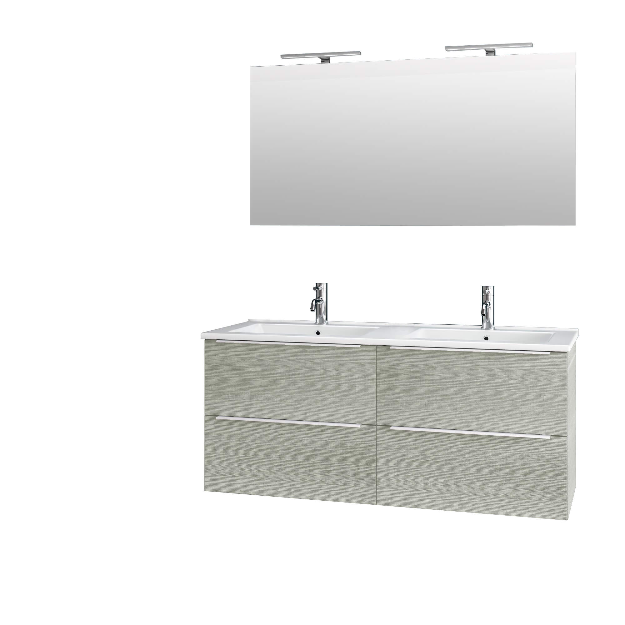 Mobile Bagno 120cm Sospeso Con Quattro Cassetti Lavabo Doppia Vasca Specchio E Doppia Lampada - Yuta