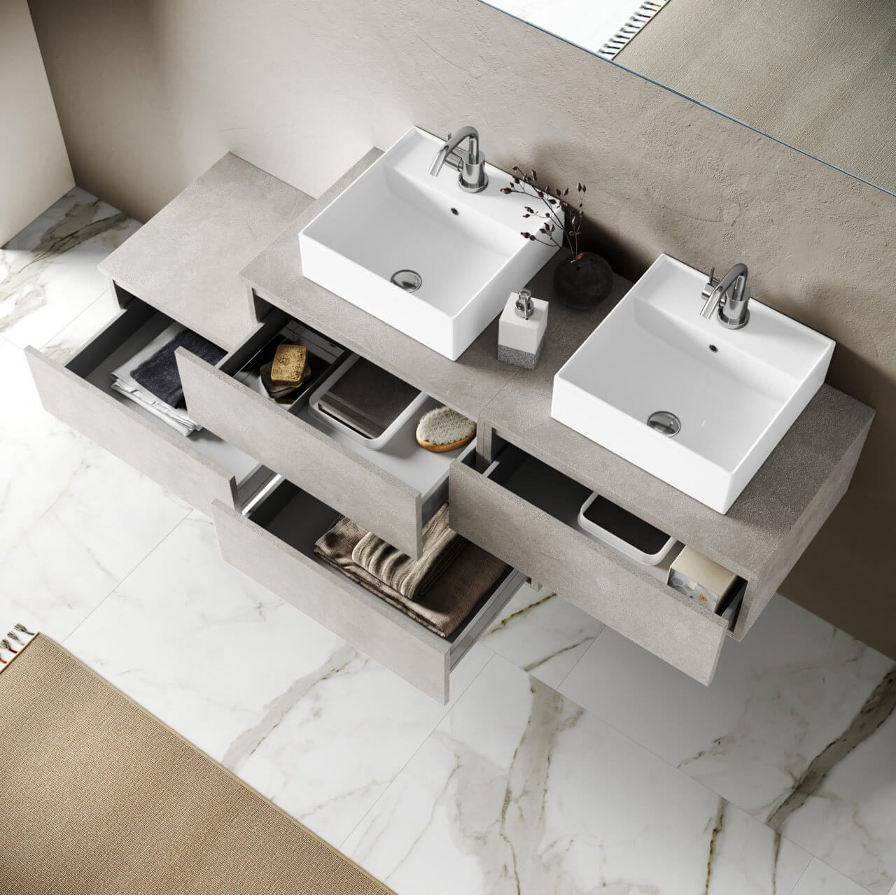 Composizione Bagno 160cm Con Doppio Lavabo, Cassetti E Specchio Con Lampada - Bianco
