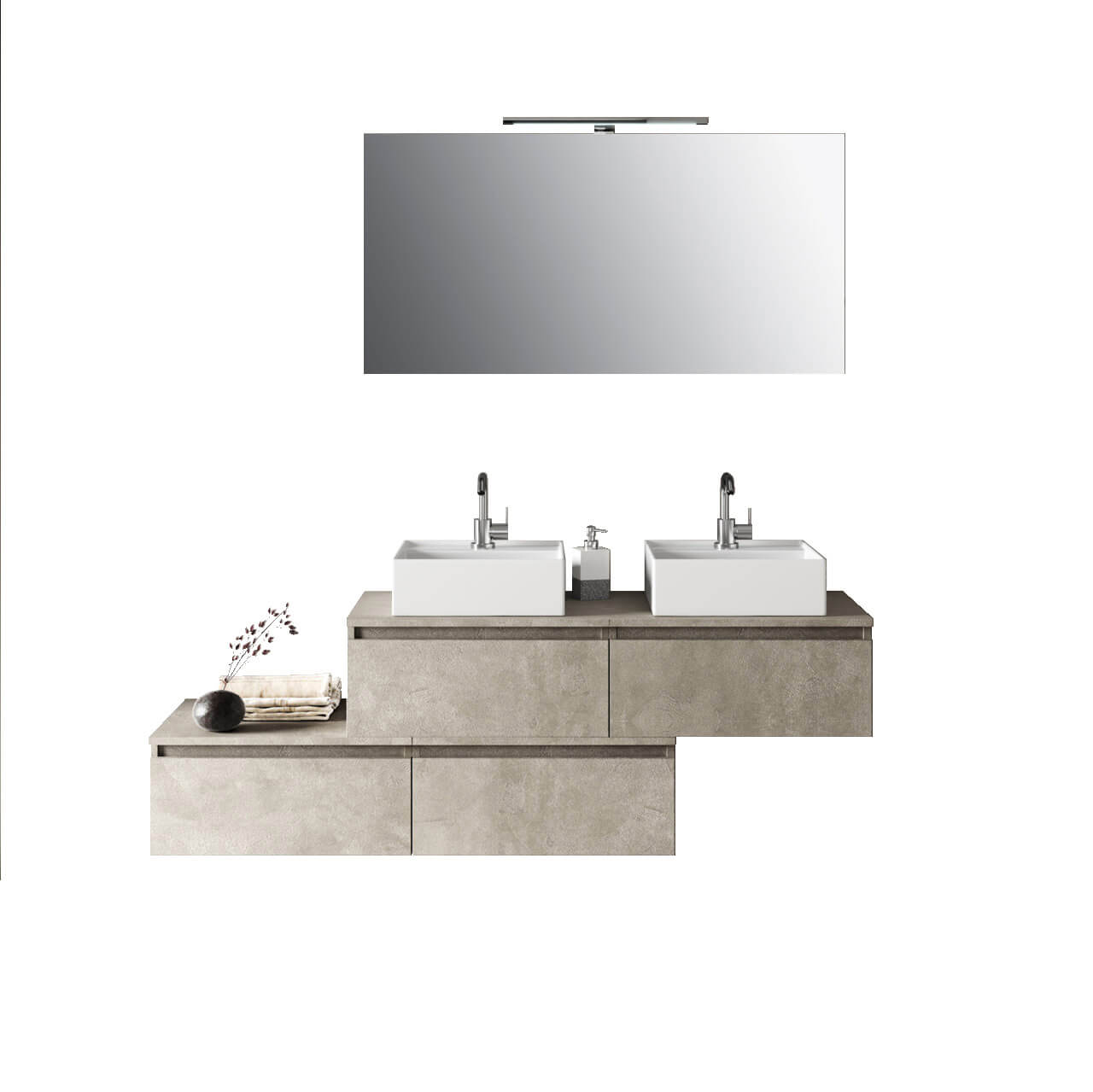 Composizione Bagno 160cm Con Doppio Lavabo, Cassetti E Specchio Con Lampada - Avana Effetto Pietra