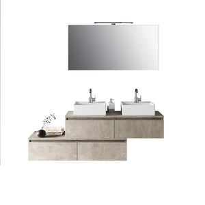 Composizione Bagno 160cm Con Doppio Lavabo, Cassetti E Specchio Con Lampada - Avana Effetto Pietra