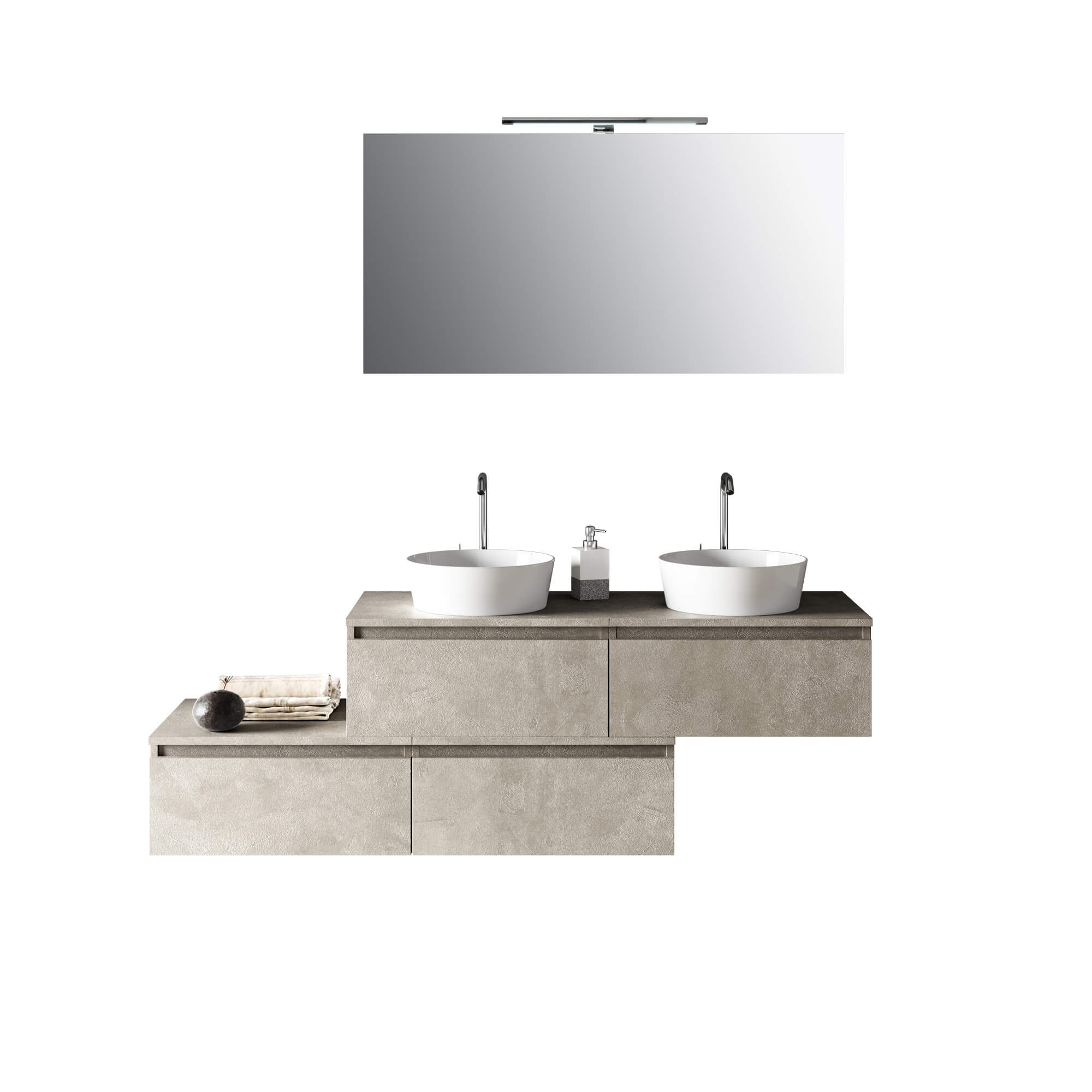 Mobile Bagno 160cm Con Doppio Lavabo, 4 Basi Con Cassetti E Specchio Con Lampada - Avana Effetto Pietra