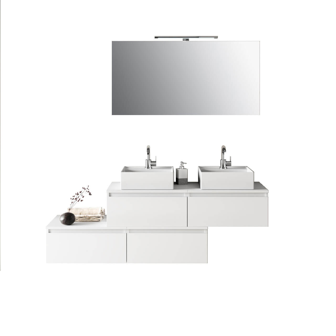 Composizione Bagno 160cm Con Doppio Lavabo, Cassetti E Specchio Con Lampada - Bianco