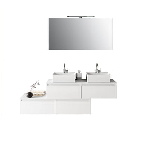 Composizione Bagno 160cm Con Doppio Lavabo, Cassetti E Specchio Con Lampada - Bianco