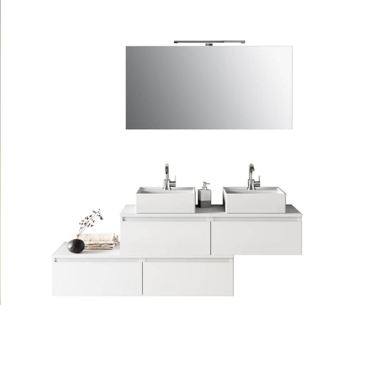 Composizione Bagno 160cm Con Doppio Lavabo, Cassetti E Specchio Con Lampada - Bianco