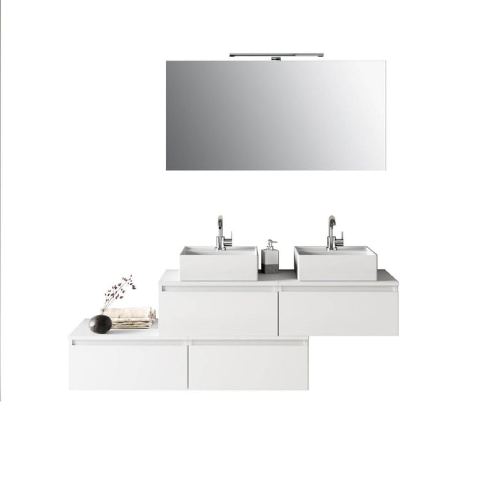 Composizione Bagno 160cm Con Doppio Lavabo, Cassetti E Specchio Con Lampada - Bianco