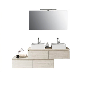 Composizione Bagno 160cm Con Doppio Lavabo, Cassetti E Specchio Con Lampada - Sherwood Naturale
