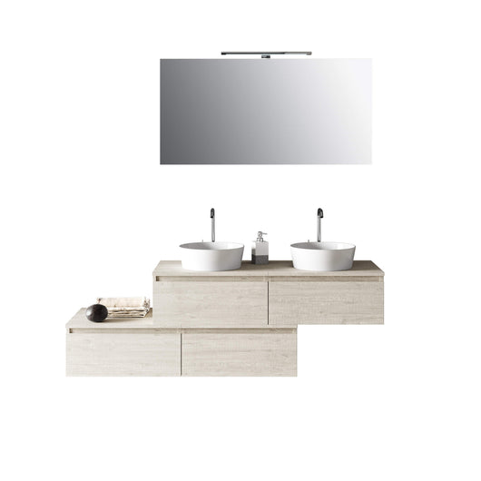 Mobile Bagno 160cm Con Doppio Lavabo, 4 Basi Con Cassetti E Specchio Con Lampada - Sherwood Naturale