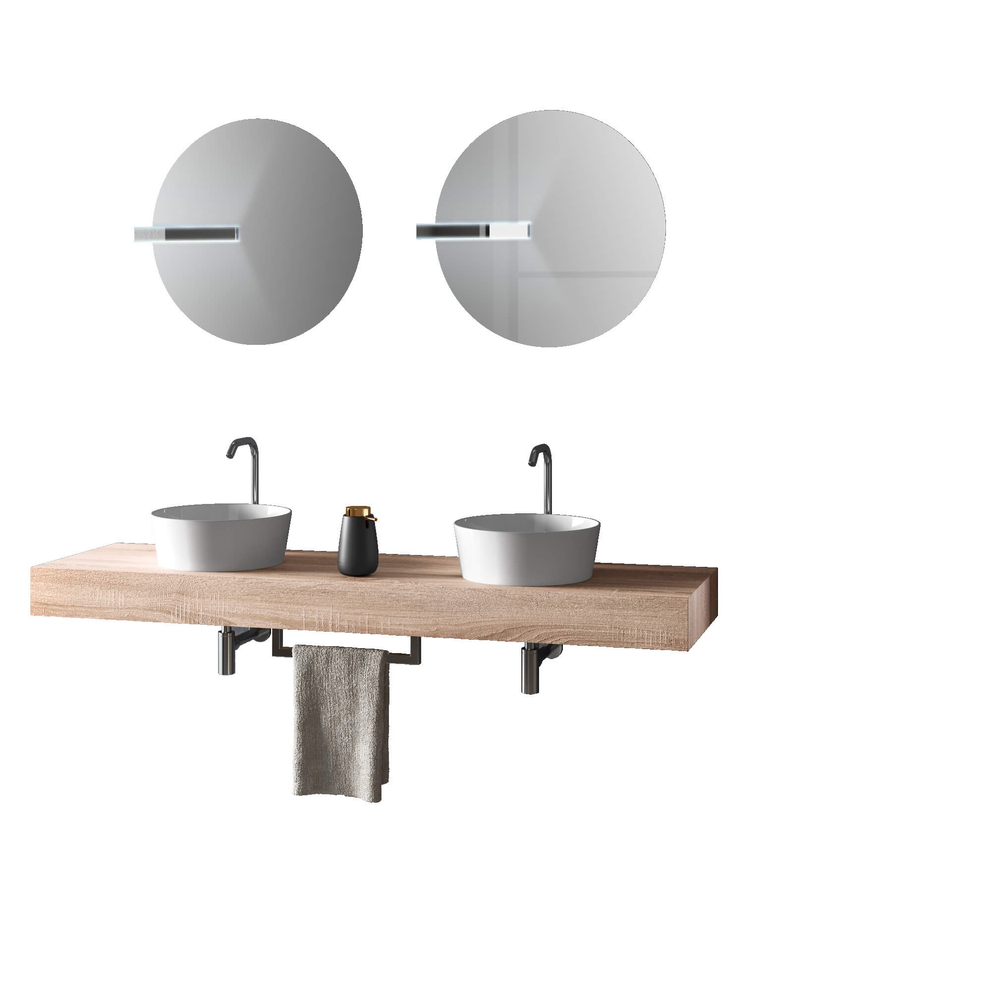 Mobile Bagno Sospeso 165cm Con Doppio Lavabo Doppio Specchio e Lampada - Tabacco Chiaro