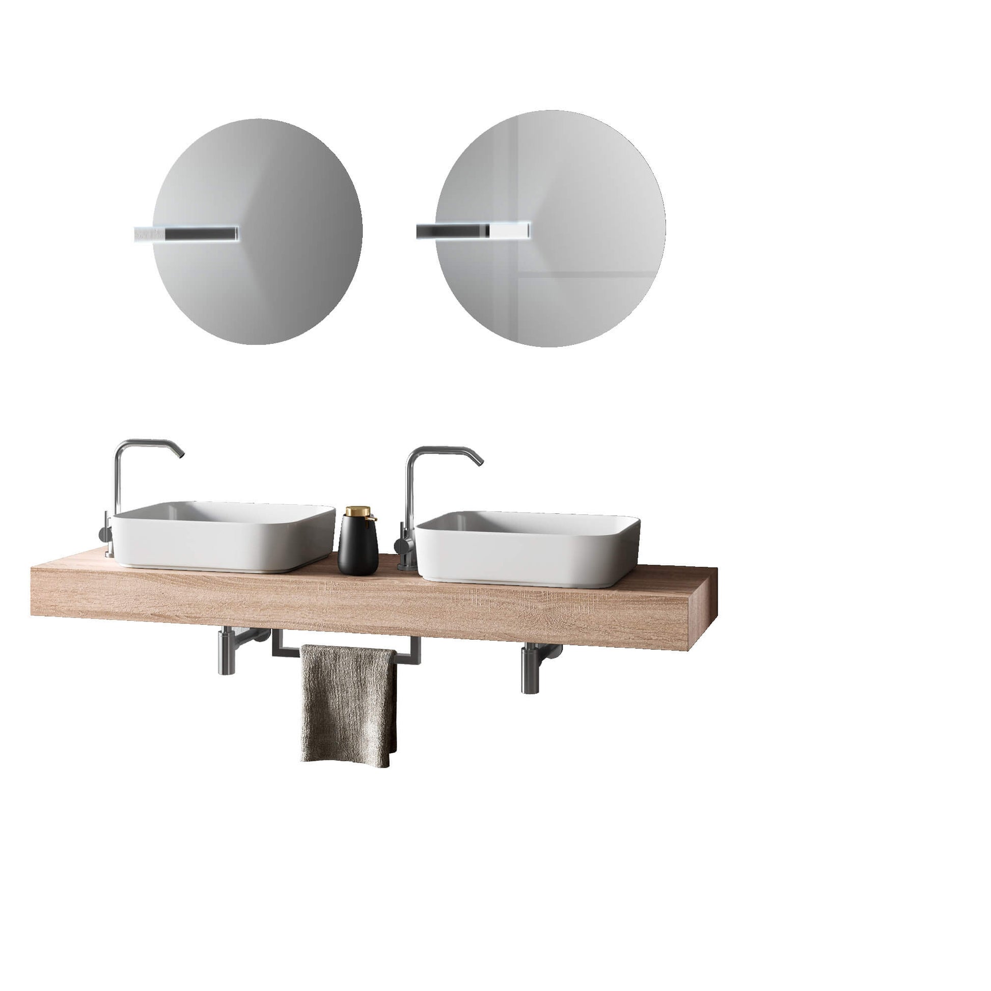 Mobile Bagno Sospeso 165cm Con Due Lavabi Due Specchi Doppia Lampada e Porta Asciugamano - Tabacco Chiaro