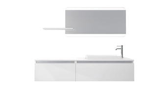 Mobile Bagno 170cm Sospeso, Due Cassetti, Lavabo, Specchio LED Integrato e Mensola - Laccato Bianco Opaco
