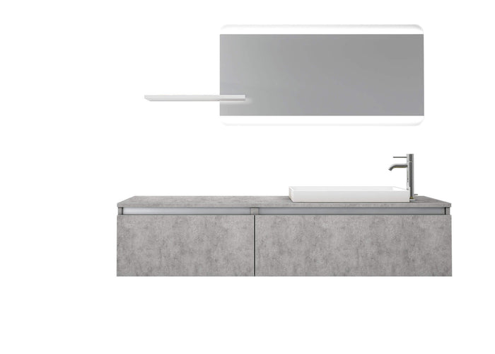 Mobile Bagno 170cm Sospeso, Due Cassetti, Lavabo, Specchio LED Integrato e Mensola - Cemento