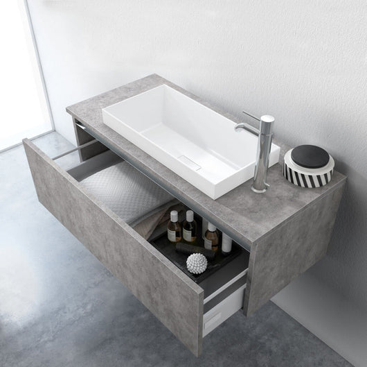 Mobile Bagno 170cm Sospeso, Due Cassetti, Lavabo, Specchio LED Integrato e Mensola - Cemento