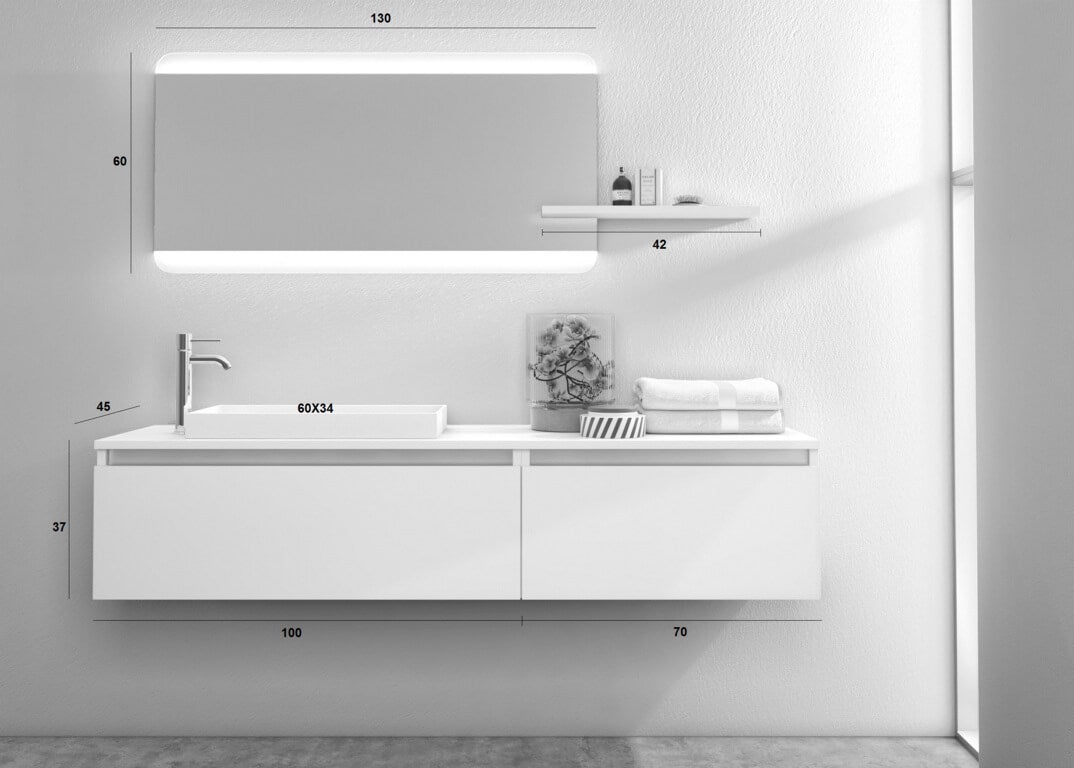 Mobile Bagno 170cm Sospeso, Due Cassetti, Lavabo, Specchio LED Integrato e Mensola - Rovere Miele