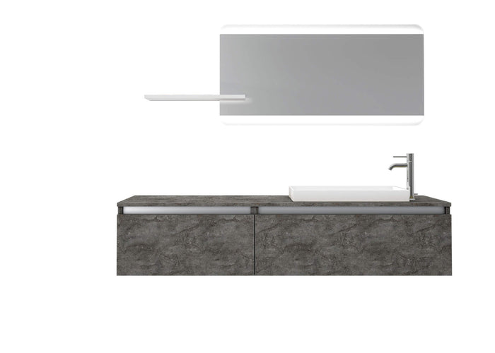 Mobile Bagno 170cm Sospeso, Due Cassetti, Lavabo, Specchio LED Integrato e Mensola - Ossido