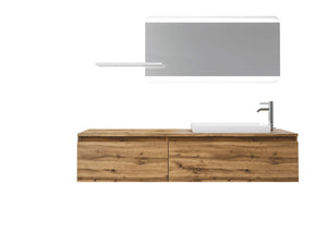 Mobile Bagno 170cm Sospeso, Due Cassetti, Lavabo, Specchio LED Integrato e Mensola - Rovere Miele