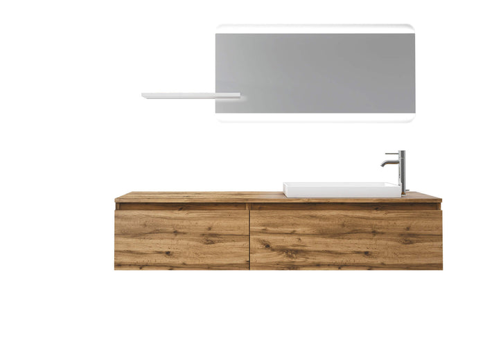 Mobile Bagno 170cm Sospeso, Due Cassetti, Lavabo, Specchio LED Integrato e Mensola - Rovere Miele