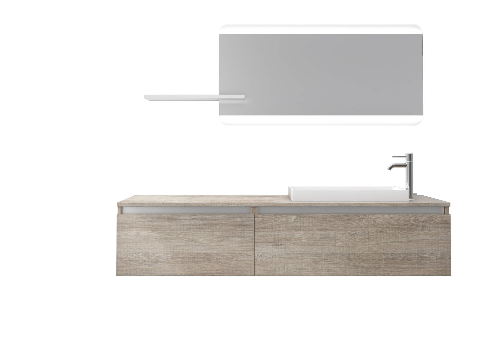 Mobile Bagno 170cm Sospeso, Due Cassetti, Lavabo, Specchio LED Integrato e Mensola - Tabacco Chiaro