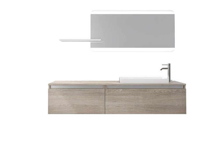 Mobile Bagno 170cm Sospeso, Due Cassetti, Lavabo, Specchio LED Integrato e Mensola - Tabacco Chiaro