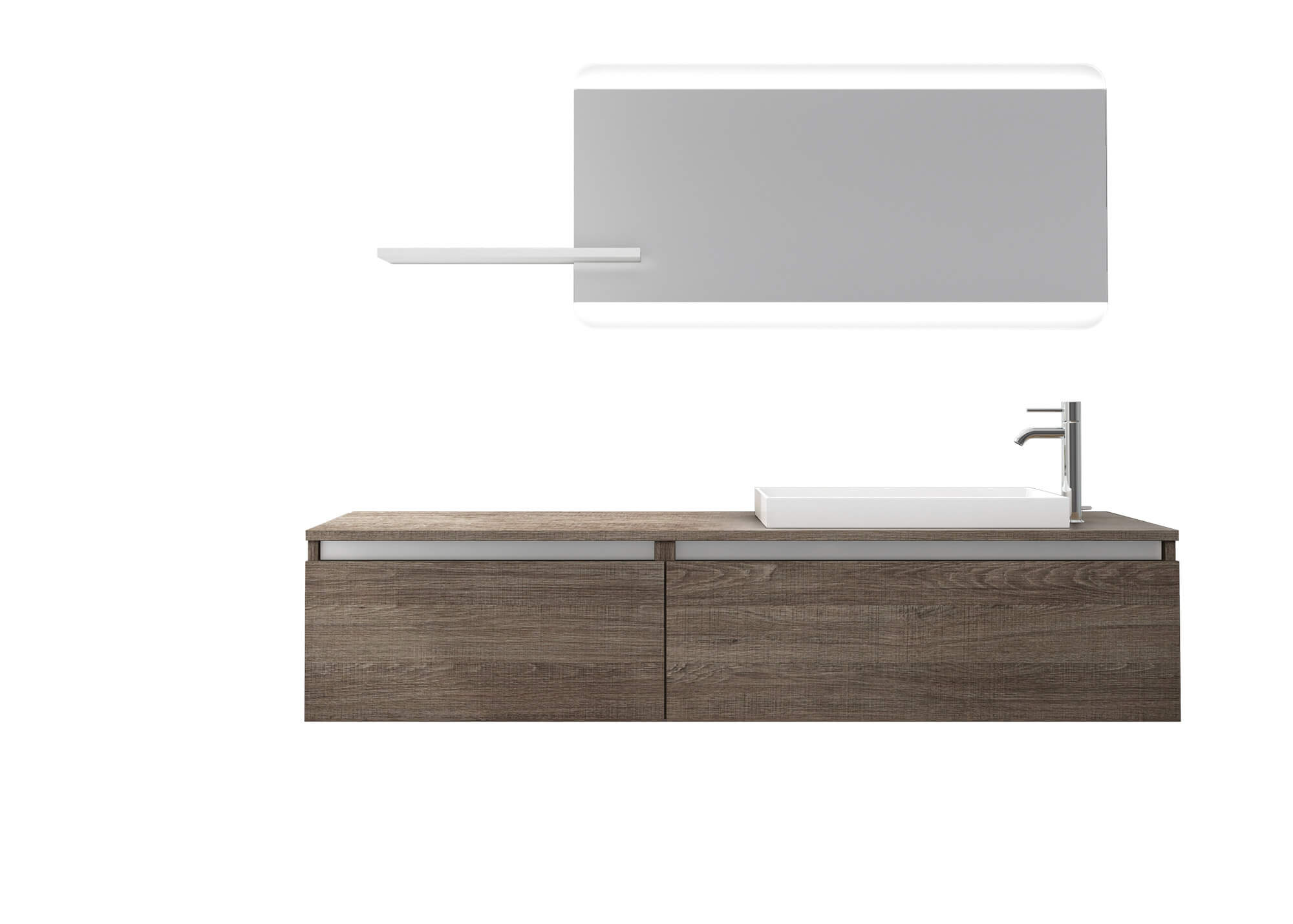 Mobile Bagno 170cm Sospeso, Due Cassetti, Lavabo, Specchio LED Integrato e Mensola - Tabacco Scuro