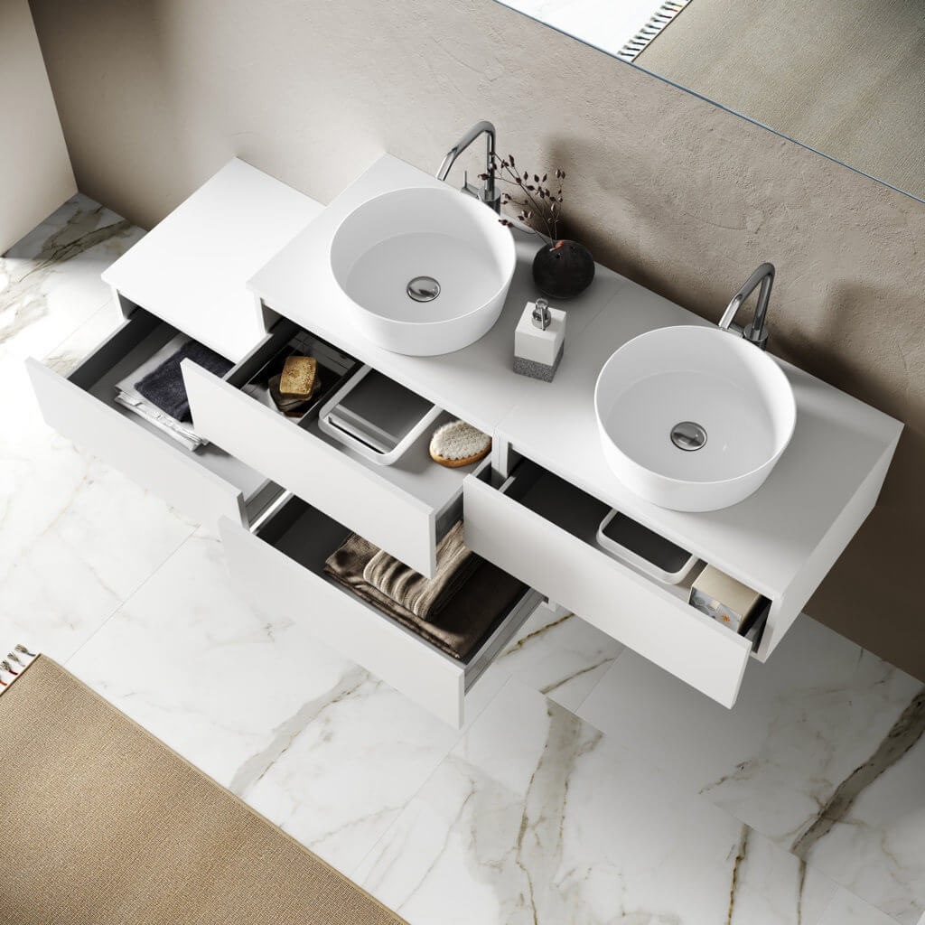 Composizione Bagno 200cm Con Doppio Lavabo, Cassetti E Specchio Con Lampada - Avana Effetto Pietra