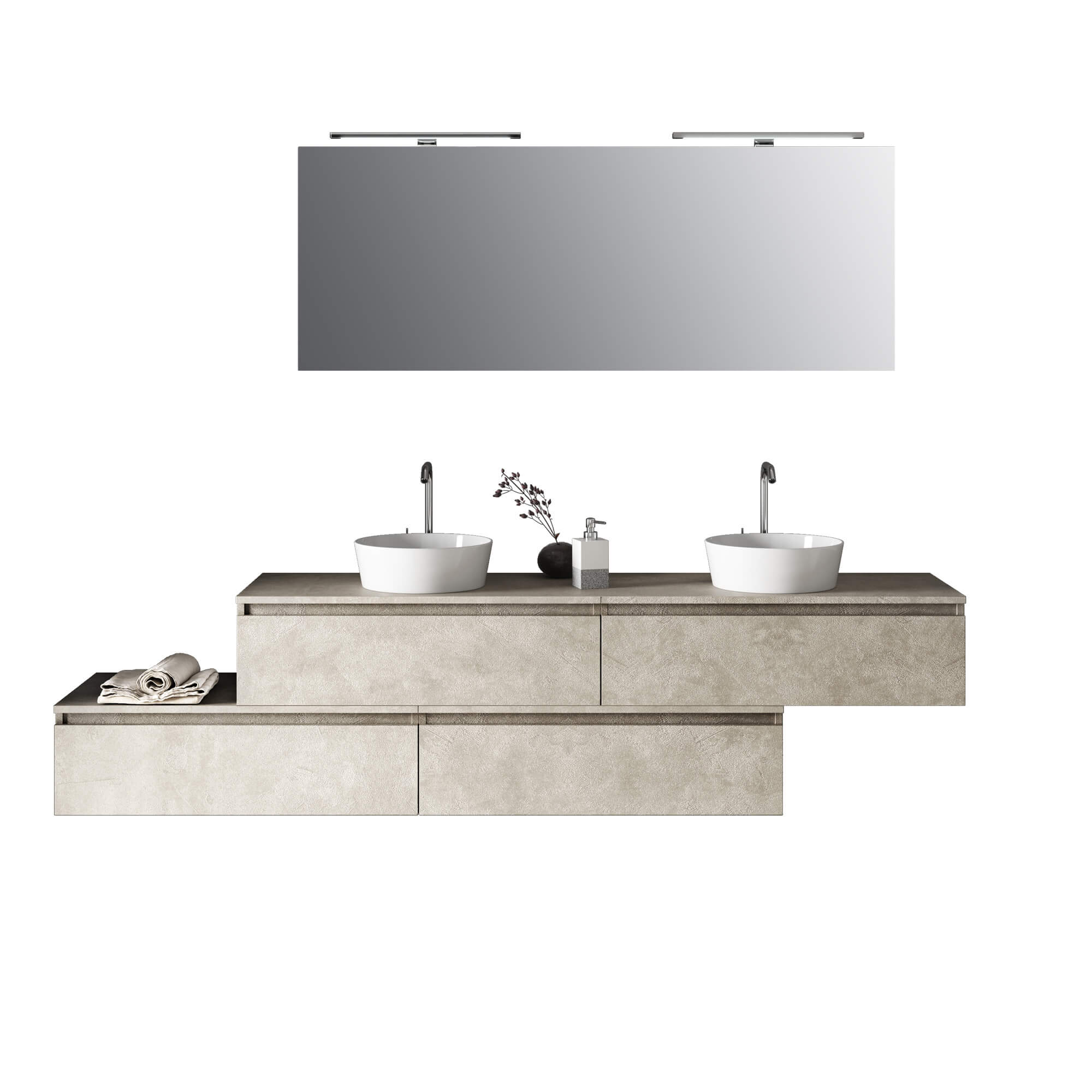 Composizione Bagno 200cm Con Doppio Lavabo, Cassetti E Specchio Con Lampada - Avana Effetto Pietra