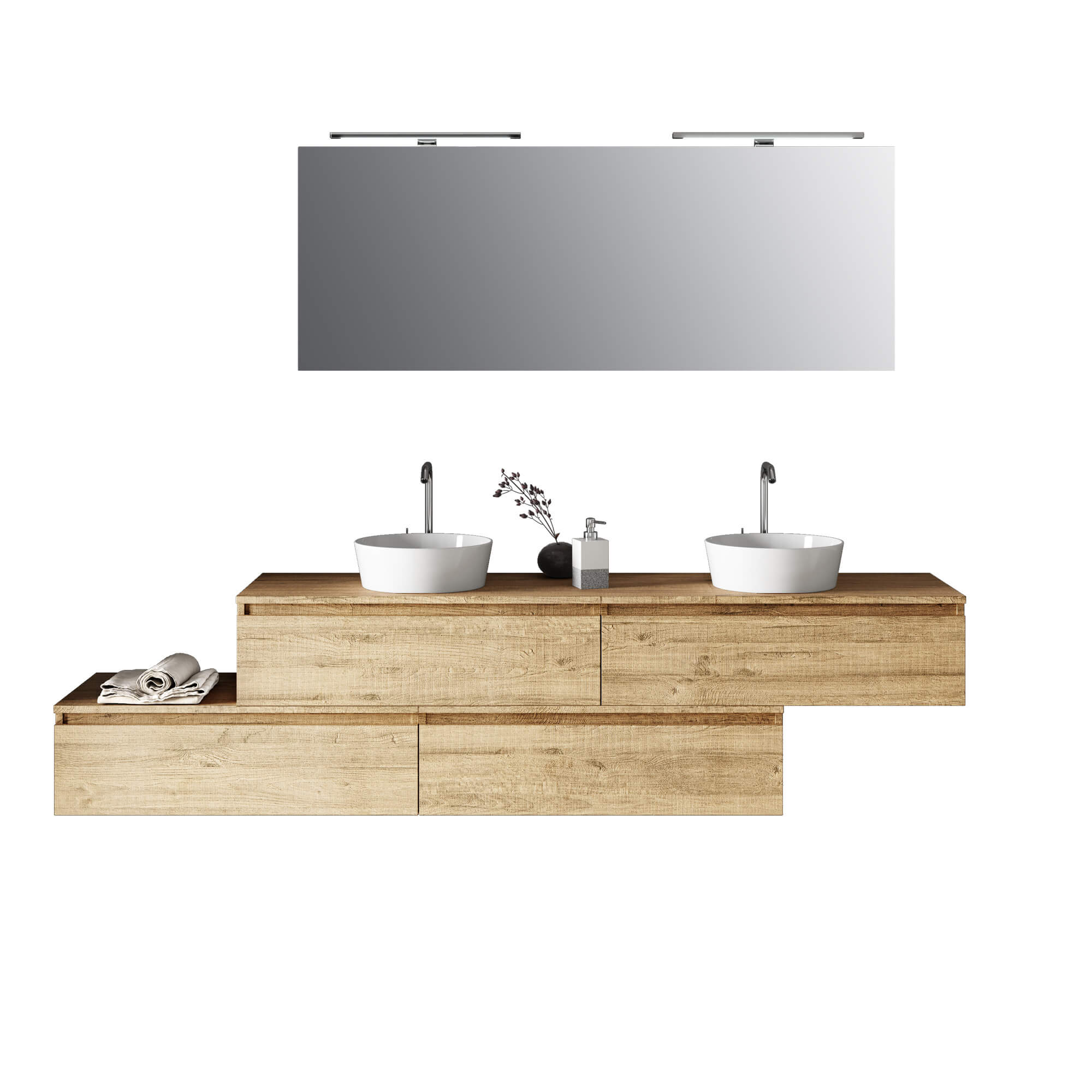 Composizione Bagno 200cm Con Doppio Lavabo, Cassetti E Specchio Con Lampada - Rovere Miele