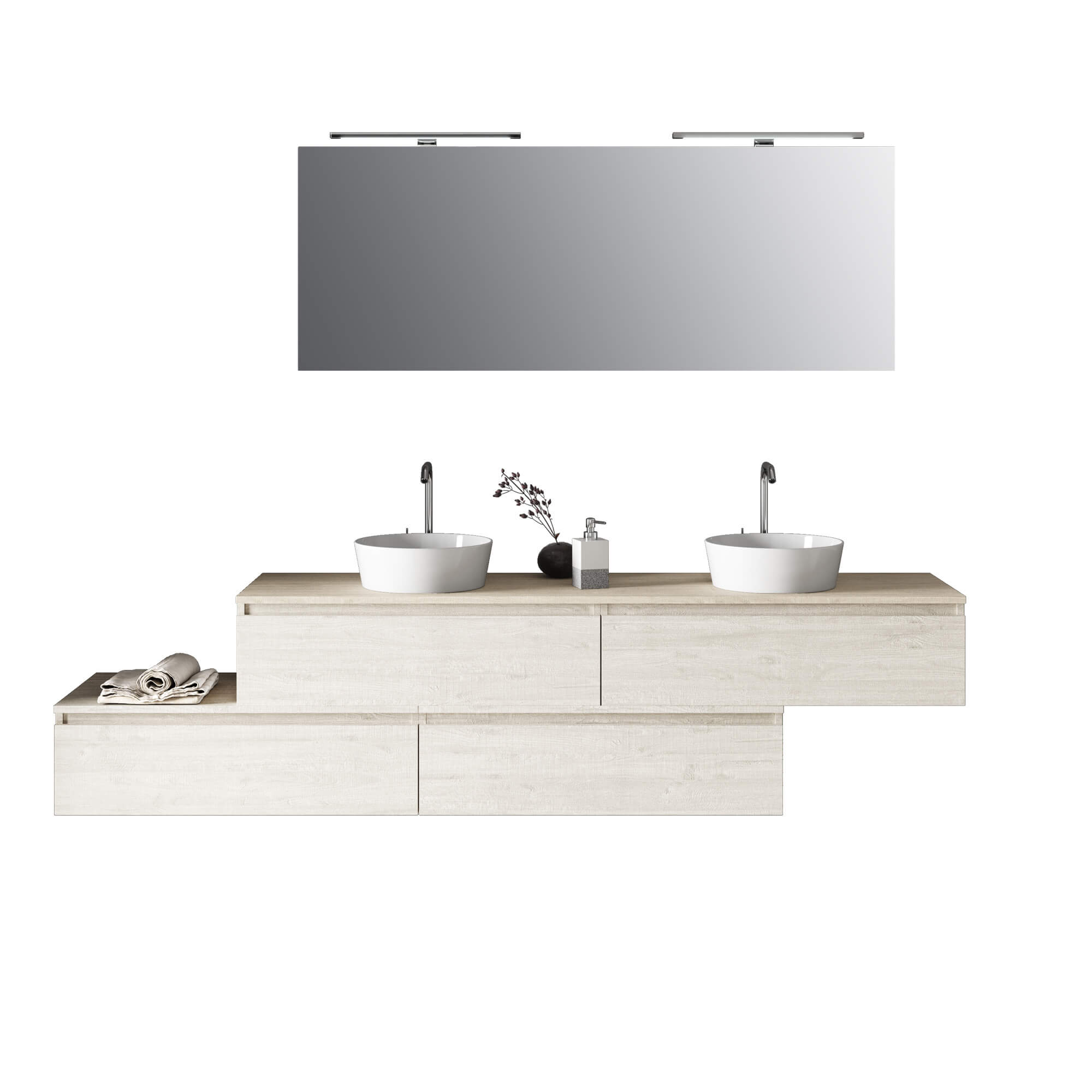 Composizione Bagno 200cm Con Doppio Lavabo, Cassetti E Specchio Con Lampada - Sherwood Naturale