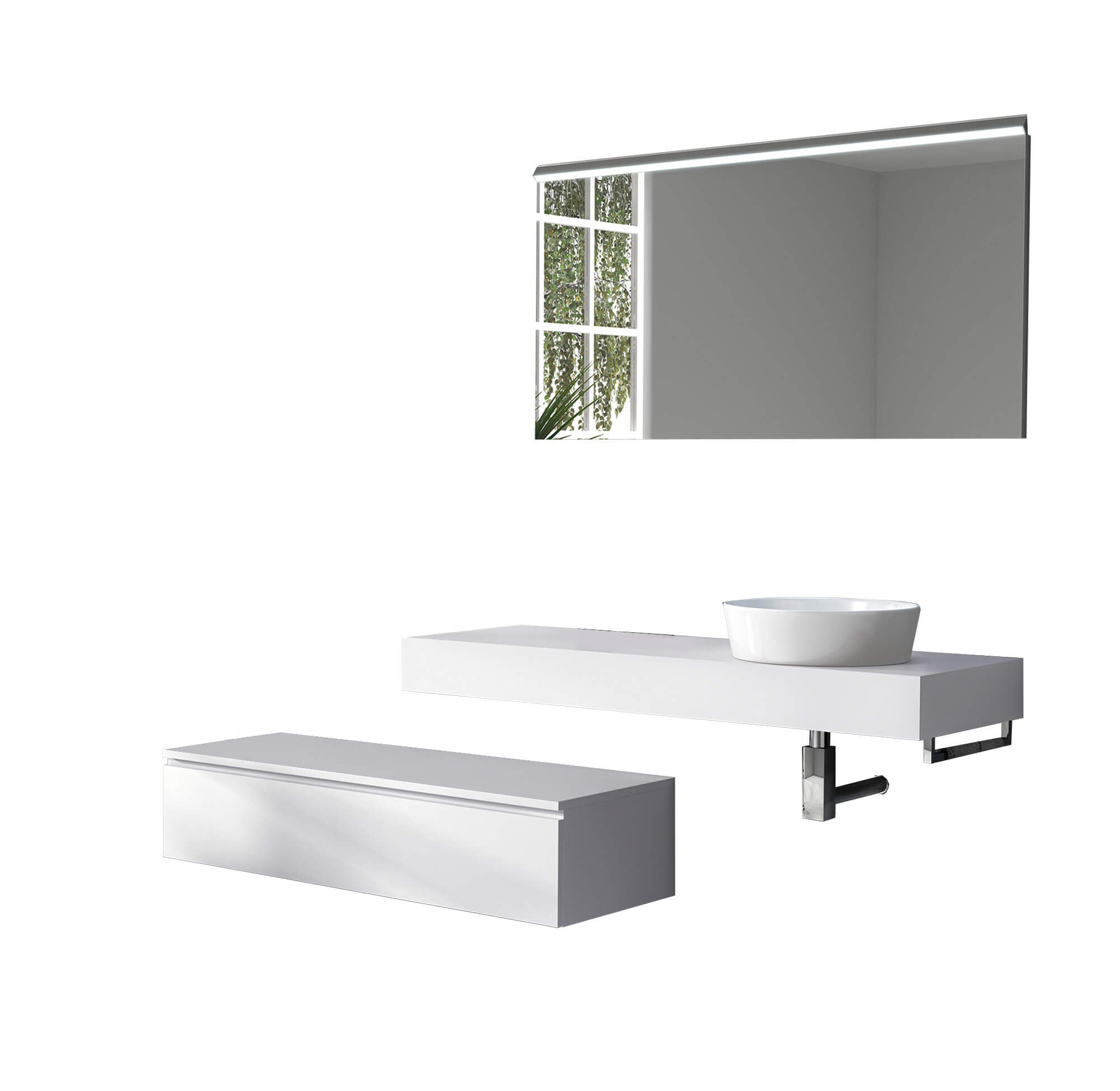 Mobile Bagno Sospeso 220cm Top Con Lavabo, Base Con Cassetto E Specchio Con LED Integrato - Top bianco + base laccata bianco opaco