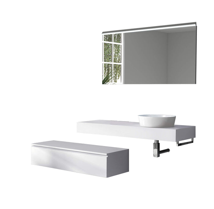 Mobile Bagno Sospeso 220cm Top Con Lavabo, Base Con Cassetto E Specchio Con LED Integrato - Top bianco + base laccata bianco opaco