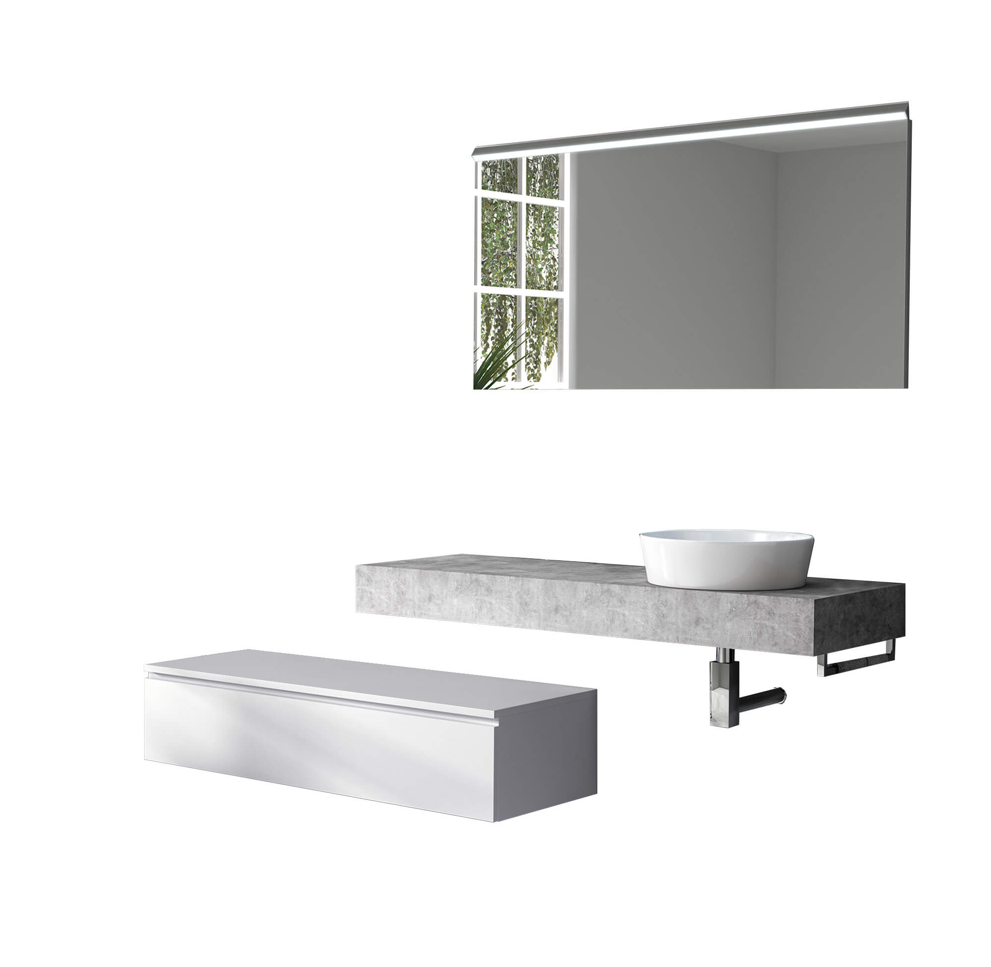 Mobile Bagno Sospeso 220cm Top Con Lavabo, Base Con Cassetto E Specchio Con LED Integrato - Top cemento + base laccata bianco opaco