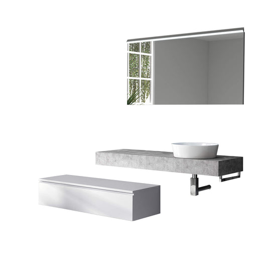 Mobile Bagno Sospeso 220cm Top Con Lavabo, Base Con Cassetto E Specchio Con LED Integrato - Top cemento + base laccata bianco opaco